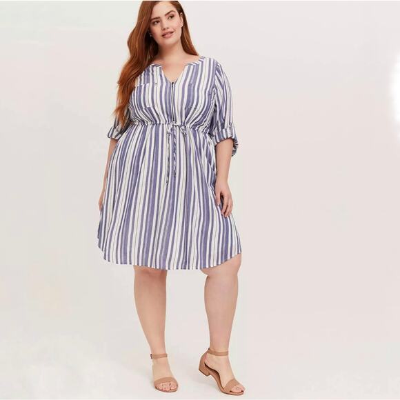 Torrid Women's Blue White Striped Zip Front Drawstring Shirt Dress Size 4X - Picture 1 of 10